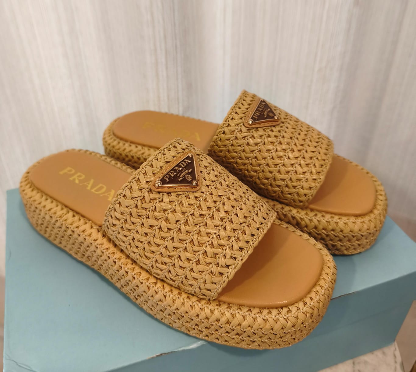 Prada Raffia Platform Slides