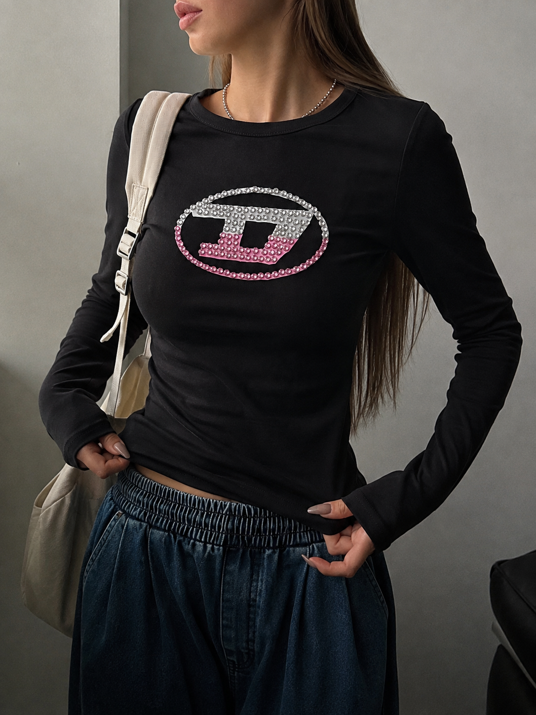 Diesel Long Sleeve Rhinestone Logo